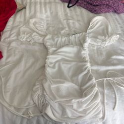 White Ruched Mini Dress with Puff Sleeves