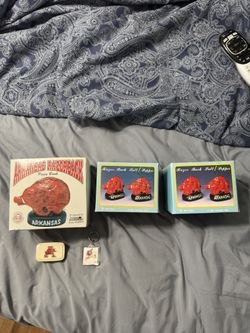 Arkansas Razorback Piggy Bank Made By Jenkins Enterprises And 2 salt and two pepper shakers, and a Arkansas keychain, and in Arkansas little bar of