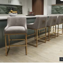 24" Velvet Counter Height Bar Stools Set of 6,Gold Bar Stools with Back, Beige Island Chairs