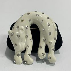 Vintage Lucite with Rhinestones Art Deco Style Off White Leopard Cat Brooch Pin