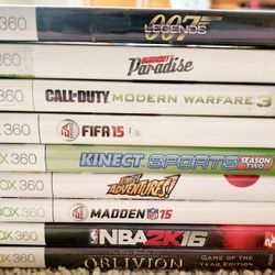 XBox 360 games Burnout Paradise, Kinect Sports, Madden 15, Oblivion Elder Scrolls 