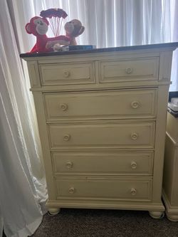 Cream 6- Drawer Tall Chest w Wood Top