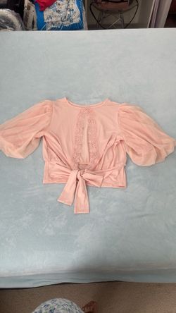 Open Back Pink Blouse With Bow And Puffy Sleeves