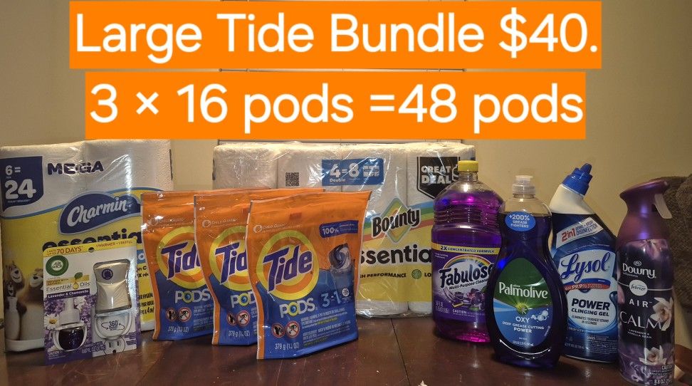 NEW! Large Tide Bundle $40. Includes Charmin, Bounty, 3 -16ct Tide Pods, Large Fabulous, Lysol, Downy Air, Airwick, 2 Colgate Toothpaste