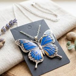 Blue Butterfly Pendant Necklace – Enamel on Silver Chain (New)