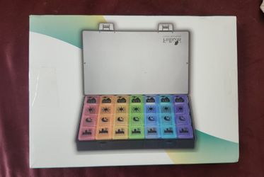 NEW- Fullicon Extra Large Weekly Pill Organizer 4 Times a Day, 7 Day Medicine Organizer. Multi Color with Symbols, Black Case