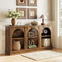 63 inches Modern Console Sofa Table with 3 Tiers Storage Wooden Rectangular Foyer Table for Entrance Hallway Living Room Rustic Brown