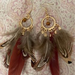 Earrings Gold Tone Plated W Feathers