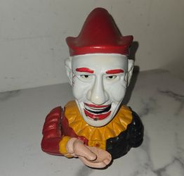 Vintage Cast Iron Mechanical Clown Coin Bank.