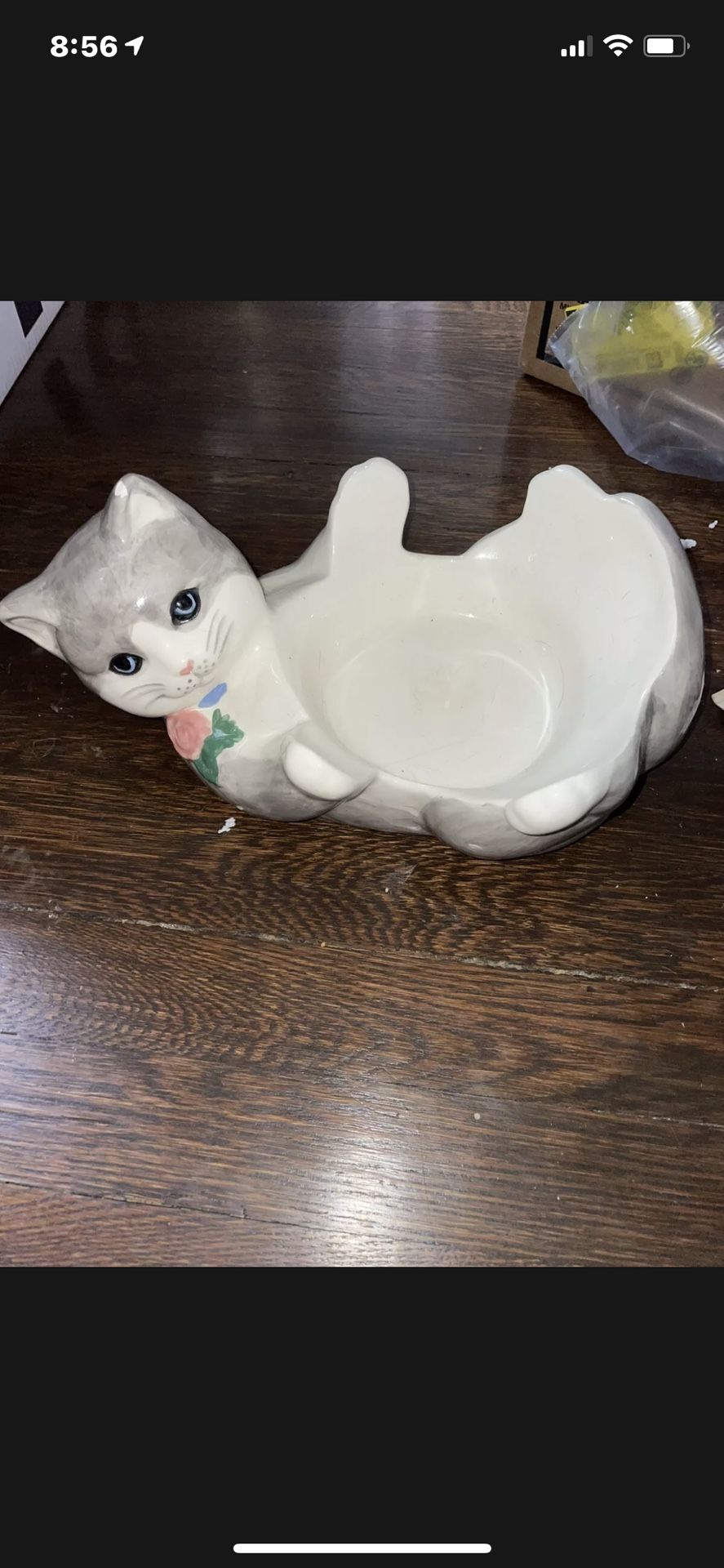 unique Rare Hand painted gray and white ceramic cat bowl holder Adorable Kitty