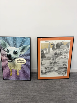 Two Framed Posters: Vintage Taco Bell Chihuahua + University of Texas Art Print