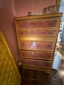 Gold sparkly tall dresser with two night stands