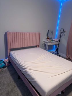 Pink Velvet Upholstered Bed Frame with Headboard