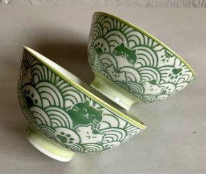 Two New Mino Ware Japanese Rice Bowls w/Green Cat & Seigaiha (Wave) Pattern