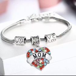 Mom Silver And Crystal Charm Bracelet 