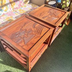 2 Matching Asian Square Wooden End Tables