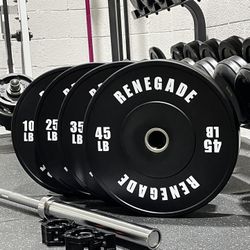 🔥Brand New Renegade 230 Pound Olympic Bumper Plate Set With Chrome CrossFit Olympic Barbell Free Delivery🚚