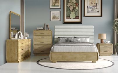 4 PC Wood Bedroom Set with Upholstered Headboard New in Box