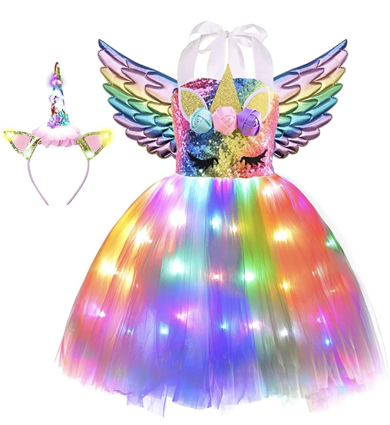 Girls Unicorn Costume LED Light Up Tutu Dress Up Birthday Gifts Princess Dress for Halloween Party  5-6 Year Old Girls 