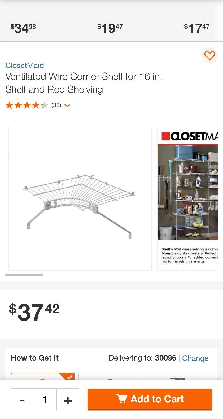 Closetmaid Wire Corner Shelf 16" Kit