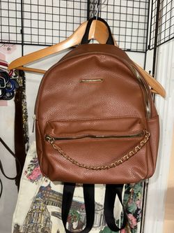 Brown Faux Leather Backpack with Gold Chain