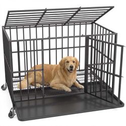 48 Inch Heavy Duty Steel Dog Crate for Large Dogs, Chew Proof & Escape Proof for High Anxiety Dogs, Indoor Double Doors and Lockable Wheels, Removable