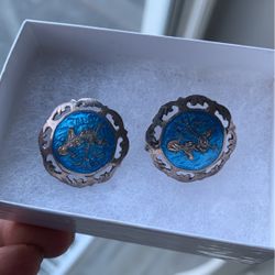 Beautiful Blue Anamel And Silver Earrings 