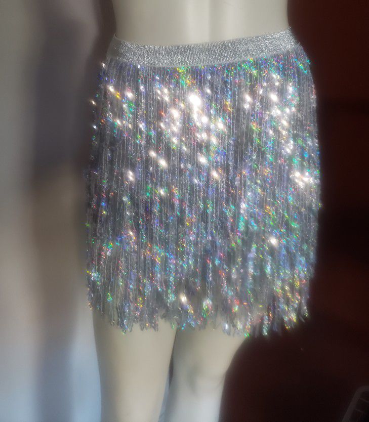 flash sale - Silver Sparkle Sequin embellished fringe tassel sarong skirt Size (4-6) 