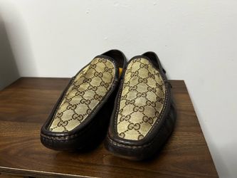 Gucci Men's GG Monogram Canvas Leather Driving Shoes Loafers Dark Brown Size 9.5