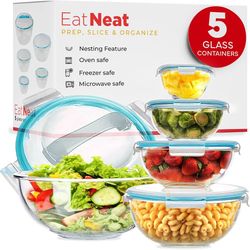 EatNeat 10-Piece Glass Salad Bowl Set With  Airtight Locking Lids $19.99