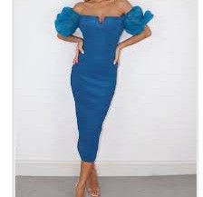 Petrol Blue Bardot Puff Sleeve Midi Dress women's Size 4 Party Holiday S Small