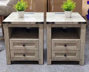 Nightstands Set of 2 with Charging Station, Farmhouse Night Stand with 2 Drawers and Shelf Storage, Wooden Side End Table