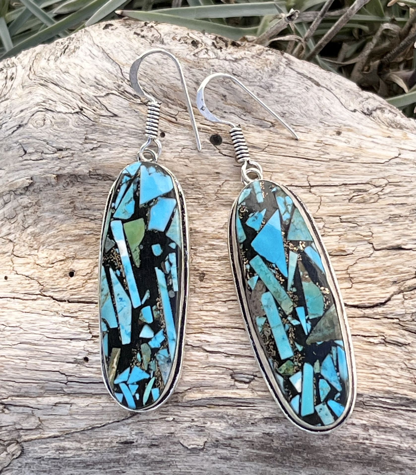 Longated Copper Turquoise 925 Silver 2” Earrings-AE55931 