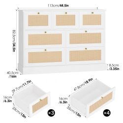 Rattan Dresser, White 7 Drawer Combo Double Dresser, Modern Wicker Chest for Bedroom