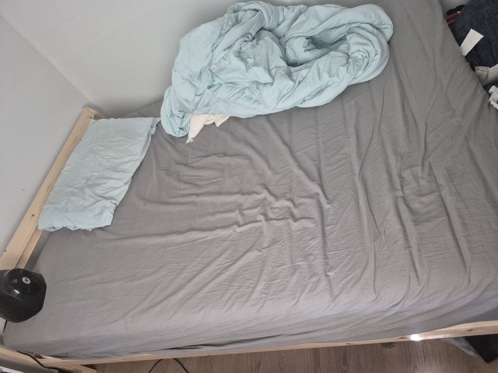 Full Size Bed And Tan Wooden Bed Frame