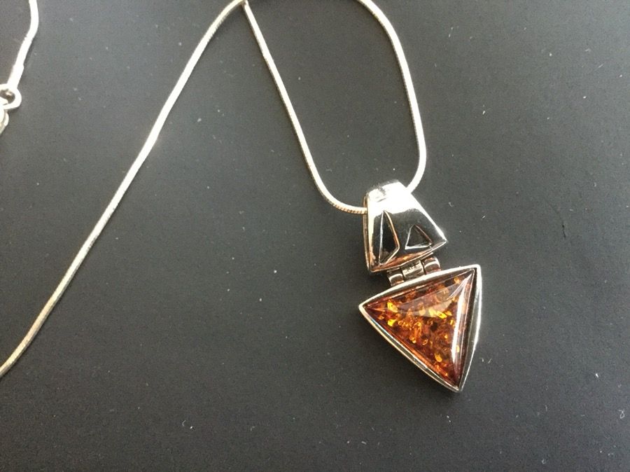 Sterling Silver triangular cute Amber gemstone pendant with Silver Chain / 18” inch long silver chain 925 stamped jewelry
