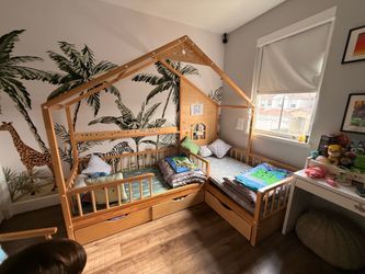 L-Shaped Twin House  kids Bed with 2 Twin Mattresses & Storage Drawers
