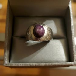 14k White Gold Mens Ring With Star Rubi & Diamonds