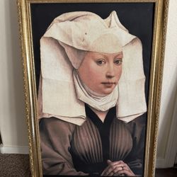 framed print of the famous 15th-century oil-on-oak panel painting, Portrait of a Lady (or Portrait of a Woman), by the Netherlandish artist Rogier van