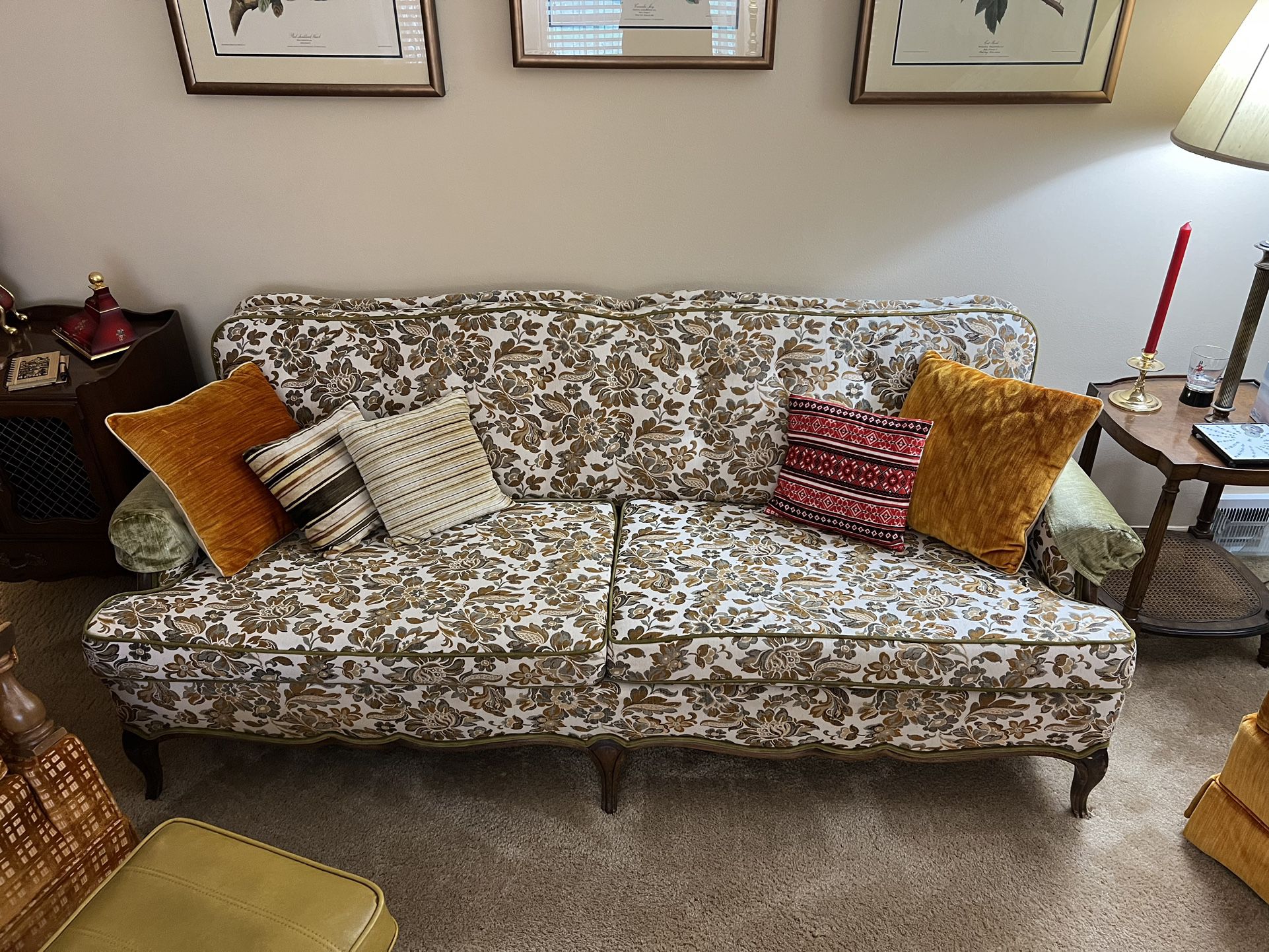 Mid century chairs,  French Provincial Floral Upholstered Sofa, footrest and French style Ottoman .