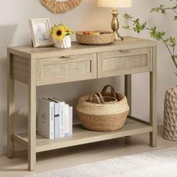 Rattan Console Table for Entryway - Boho Entryway Table with Storage and Drawers, Small Entry Tables for Hallway Behind Couch Table Sofa Table