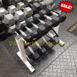 NEW Rubber Hex Dumbbell Set 5lb To 25lb With Rack. Individual Pairs Available.