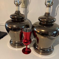 Pair of Large Silver Ceramic Table Lamps