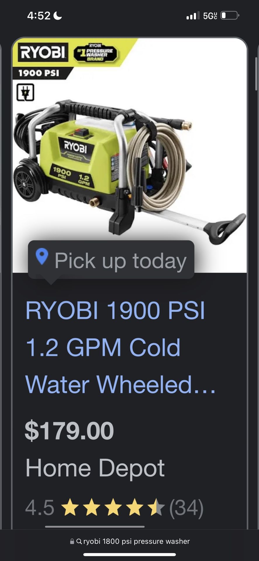 Ryobi 1900psi Pressure washer