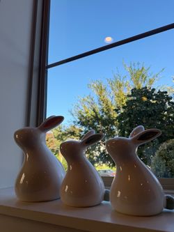 Crate & Barrel Ceramic Bunnies – Set of 3, Glossy White with Pastel Tails