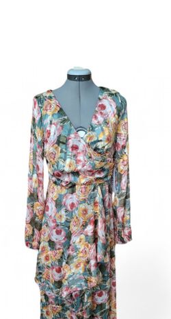 Floral Vision Long Sleeve Maxi Dress Size M  Green Faux Wrap