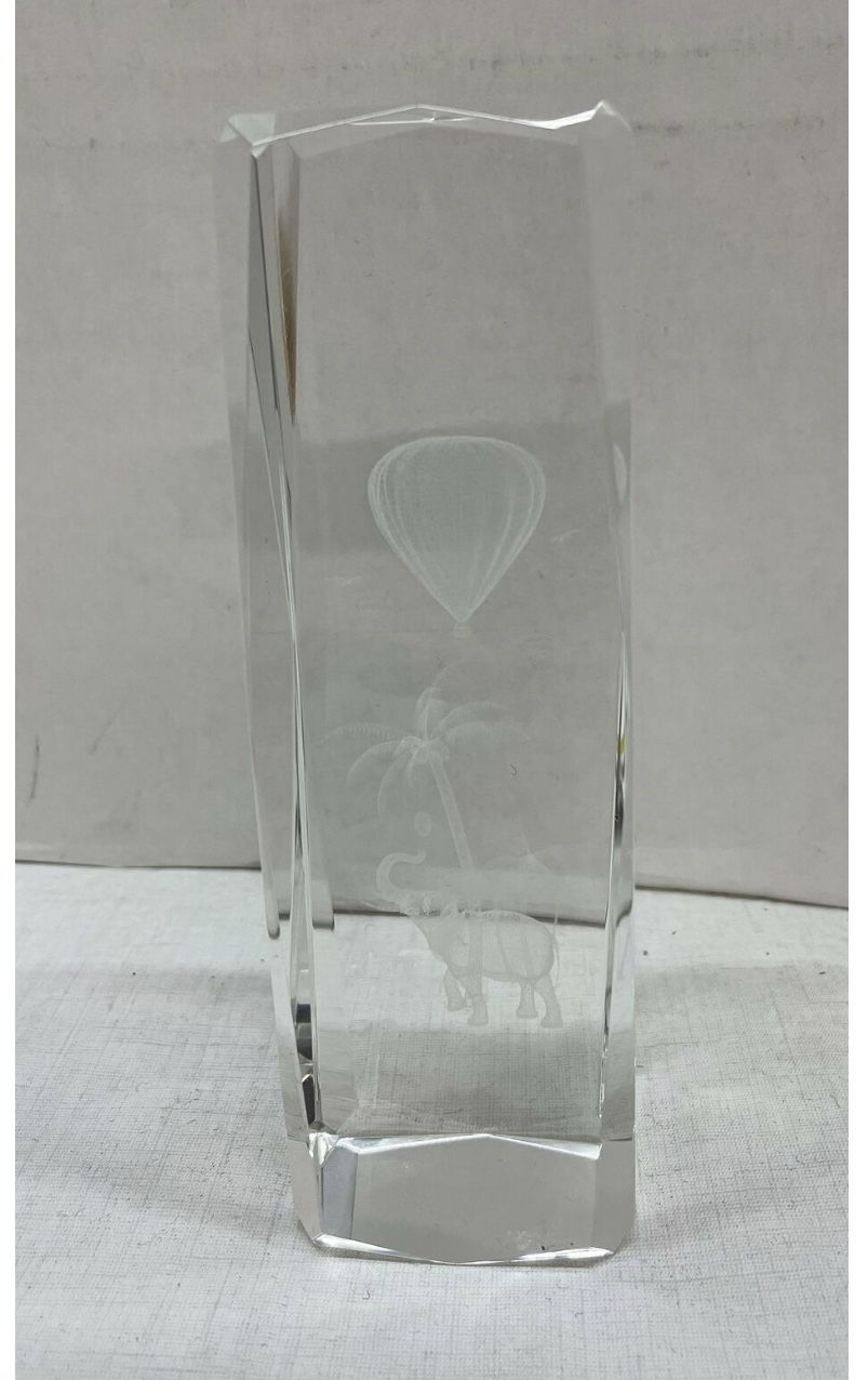 Rotating Light Crystal Clear Glass Cube Paperweight 3-D Laser Etched Hot Air Balloon & Elephant