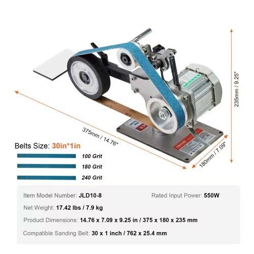 Belt Grinder Sander, 30 x 1-Inch Variable Speed Belt Polisher with VFD, 550W Polishing Grinding Machine with 2 Grinding Moulds & 3PCS Sanding Belts fo