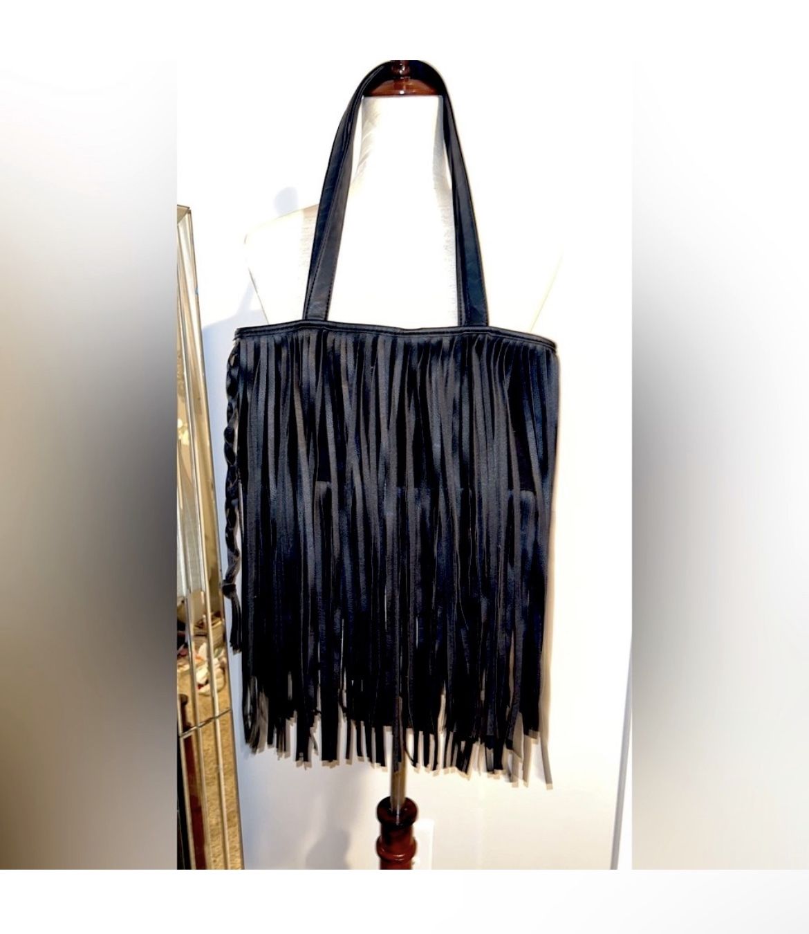 EUC Vegan Black Leather fringe Boho Purse 