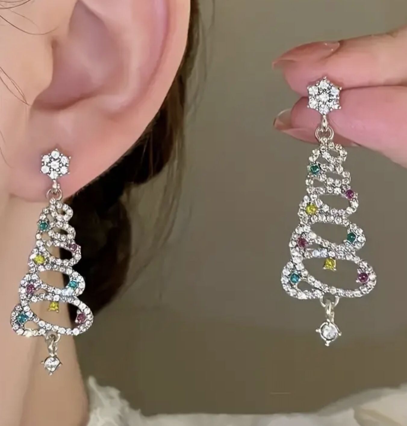 925 Silver Crystal  Christmas Tree Earrings